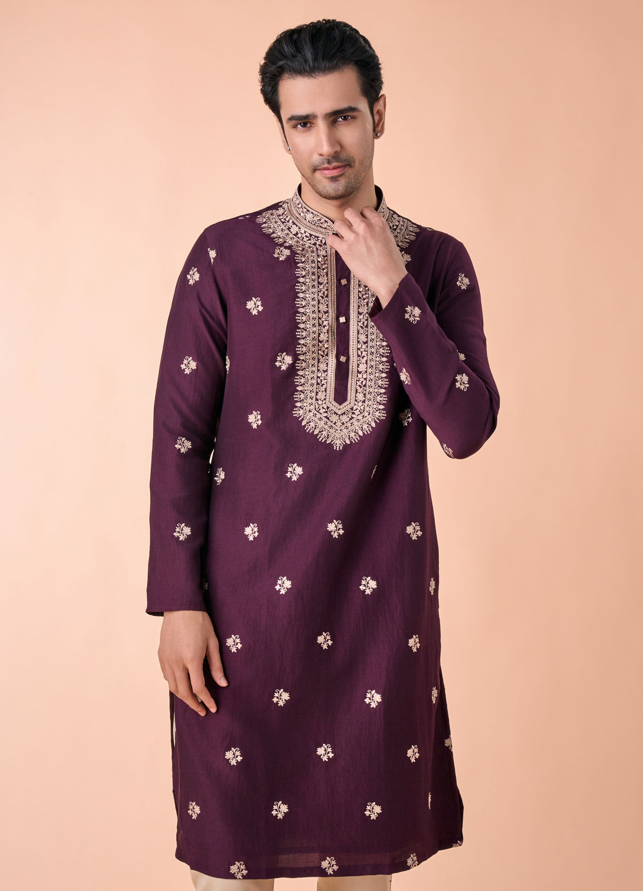 Manyavar Men Wine Divine Elegance Kurta Pajama