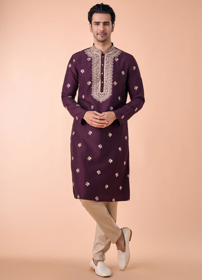 Manyavar Men Wine Divine Elegance Kurta Pajama