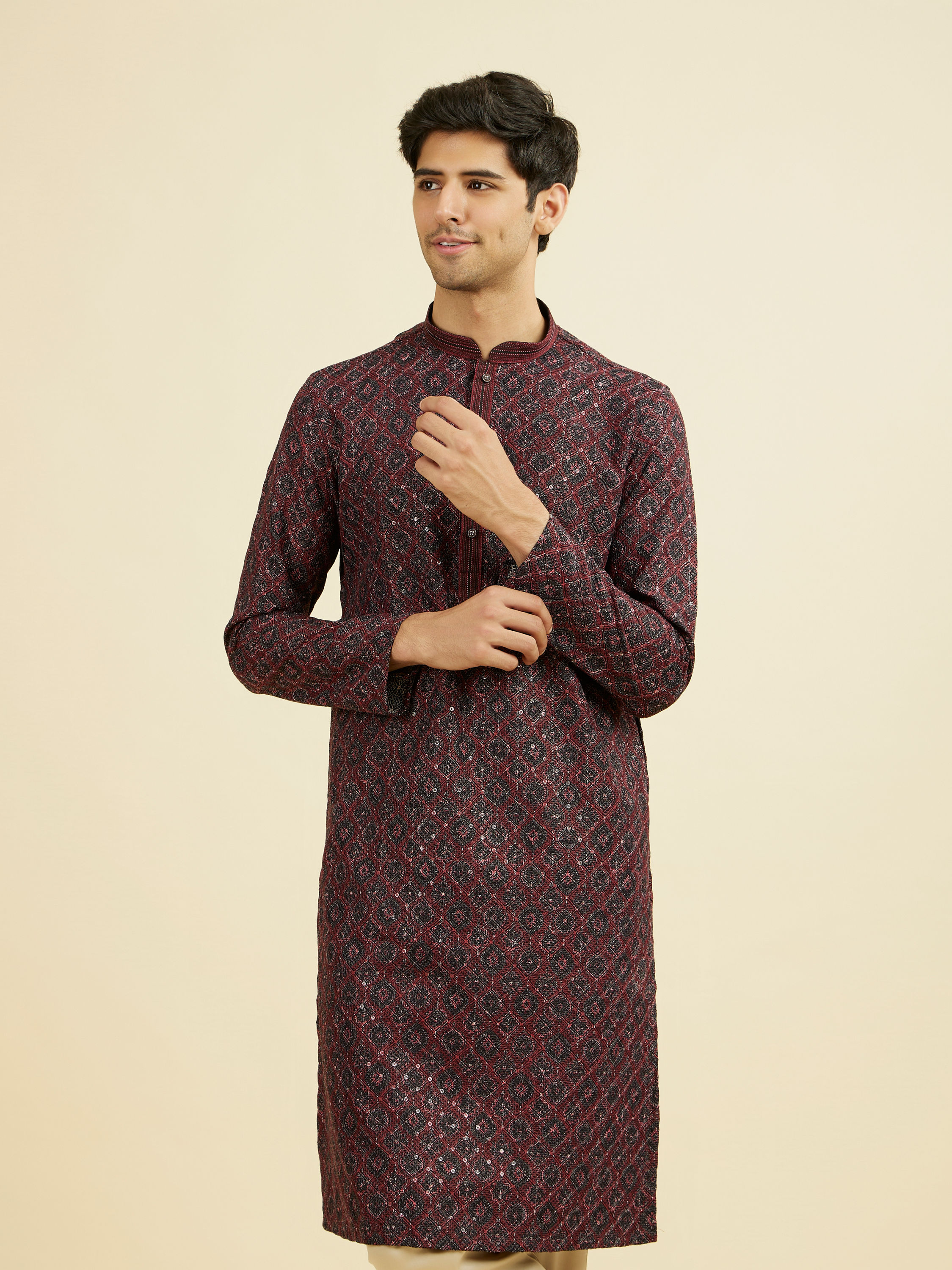 Manyavar Men Maroon Elegance Kurta Pajama