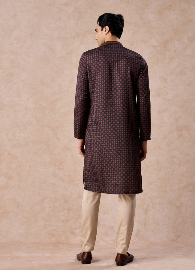 Manyavar Men Elegant Dark Brown Satin Kurta Pajama