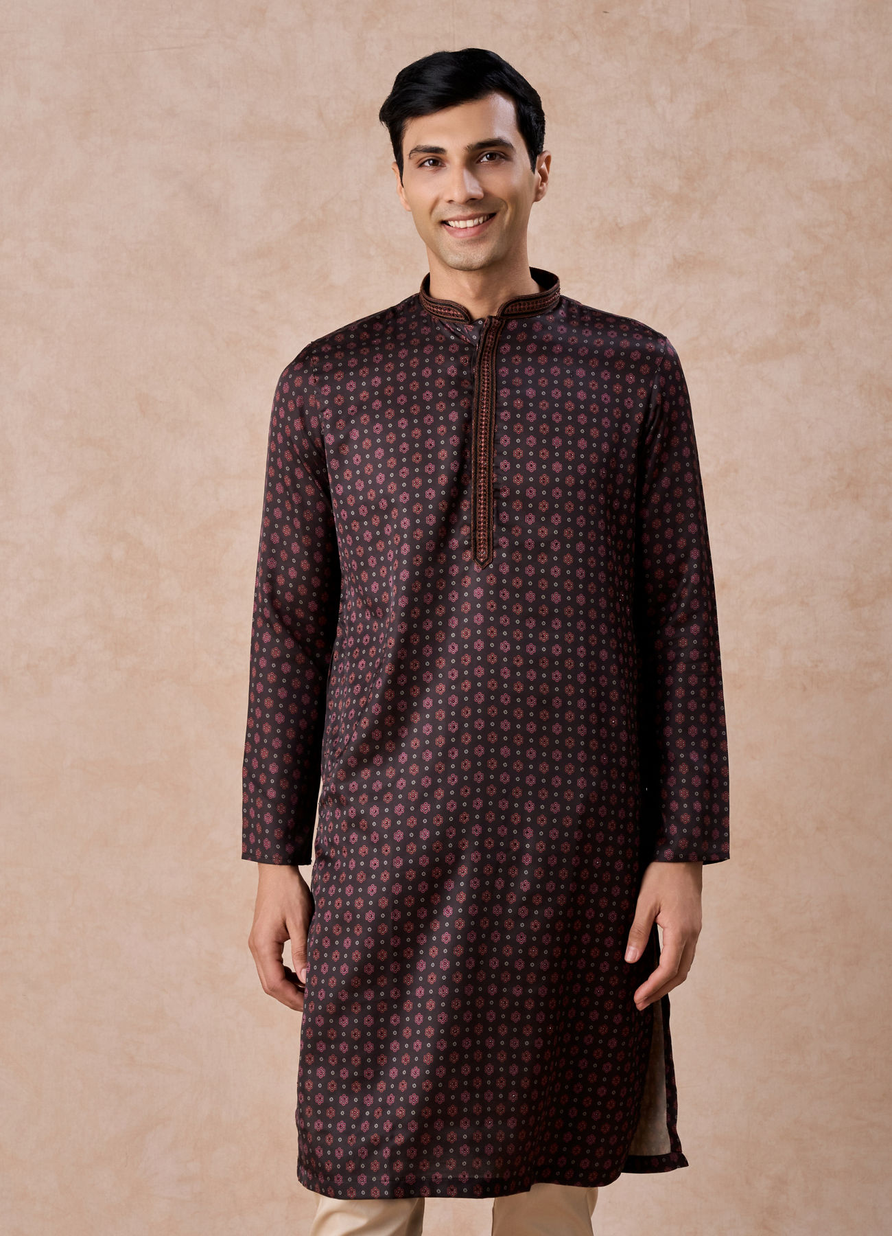 Manyavar Men Elegant Dark Brown Satin Kurta Pajama