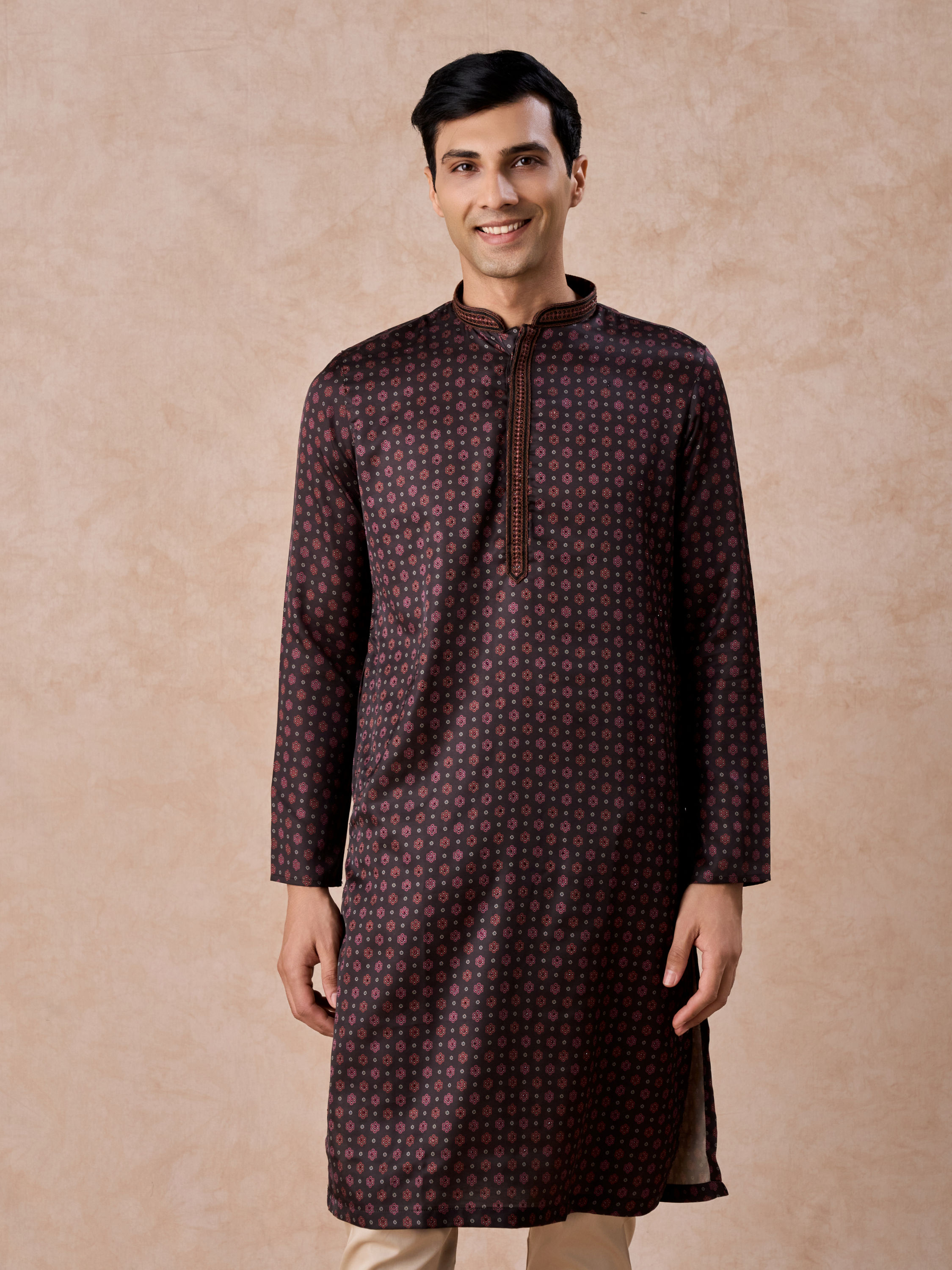 Manyavar Men Elegant Dark Brown Satin Kurta Pajama