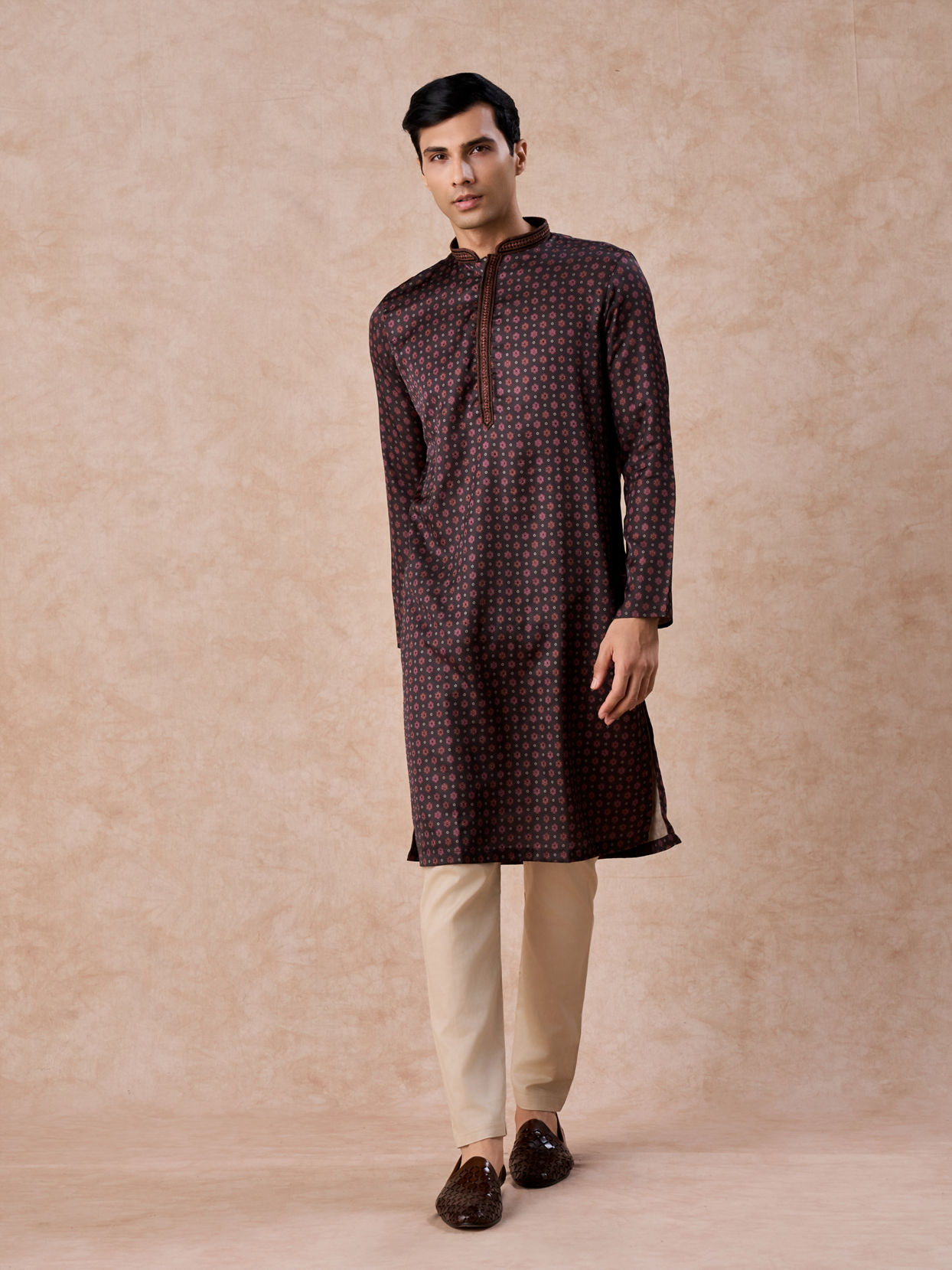 Manyavar Men Elegant Dark Brown Satin Kurta Pajama