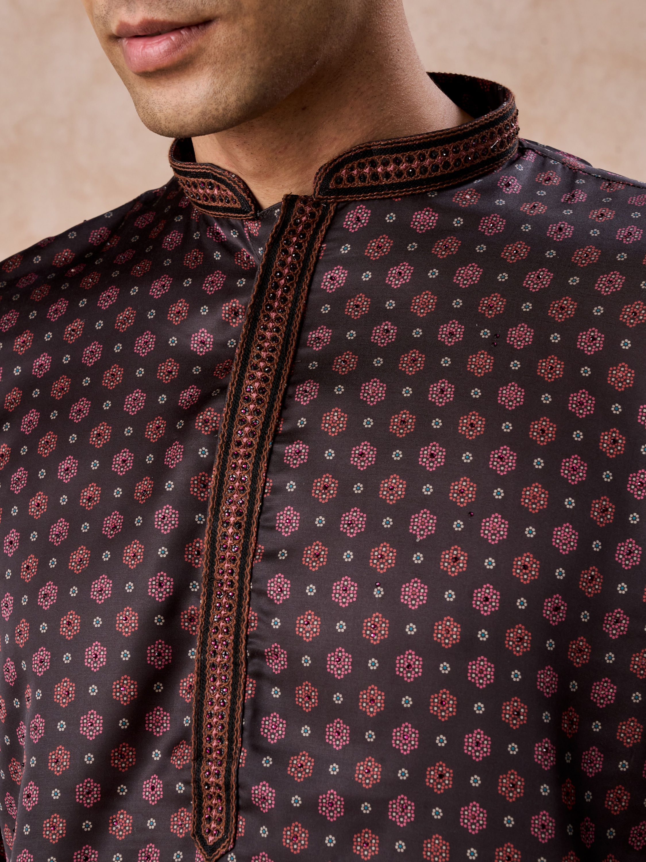 Manyavar Men Elegant Dark Brown Satin Kurta Pajama