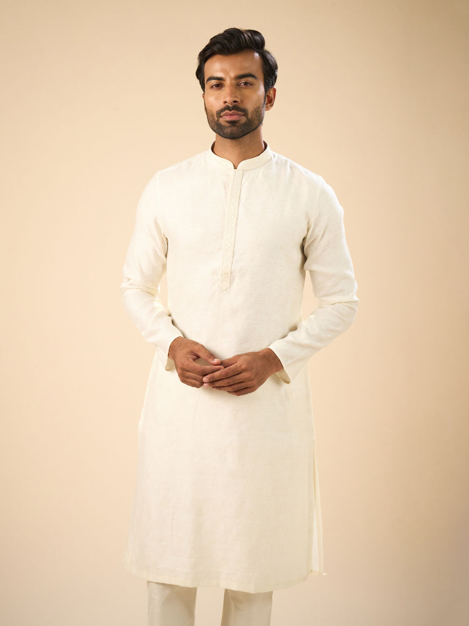 Manyavar Men Elegant Cream Jacquard Kurta Pajama