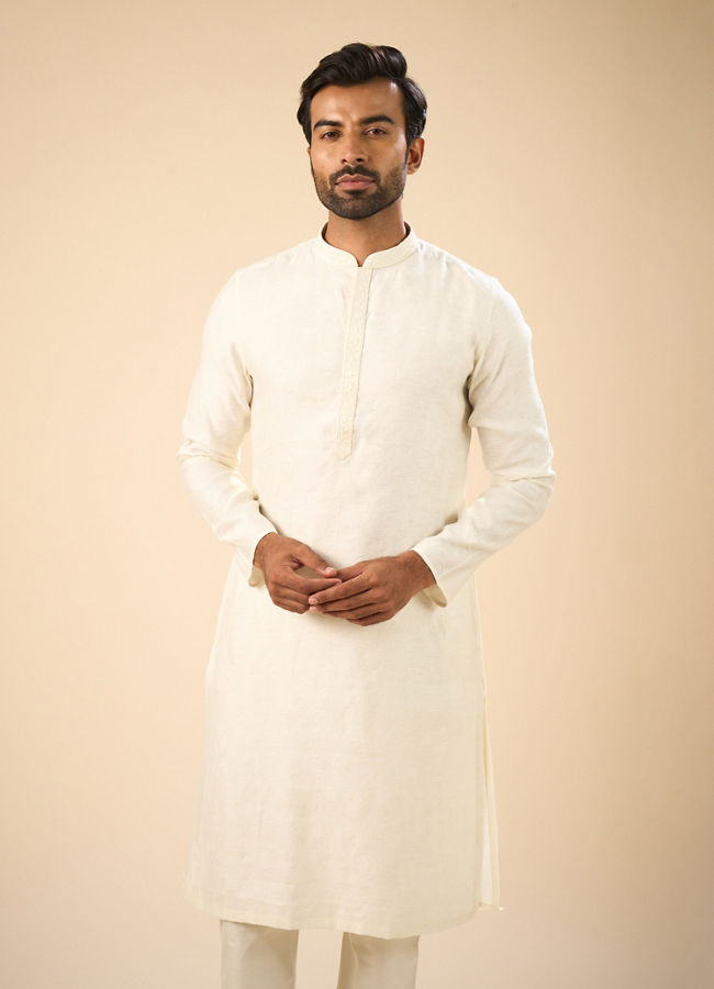 Manyavar Men Elegant Cream Jacquard Kurta Pajama