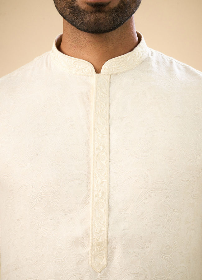 Manyavar Men Elegant Cream Jacquard Kurta Pajama