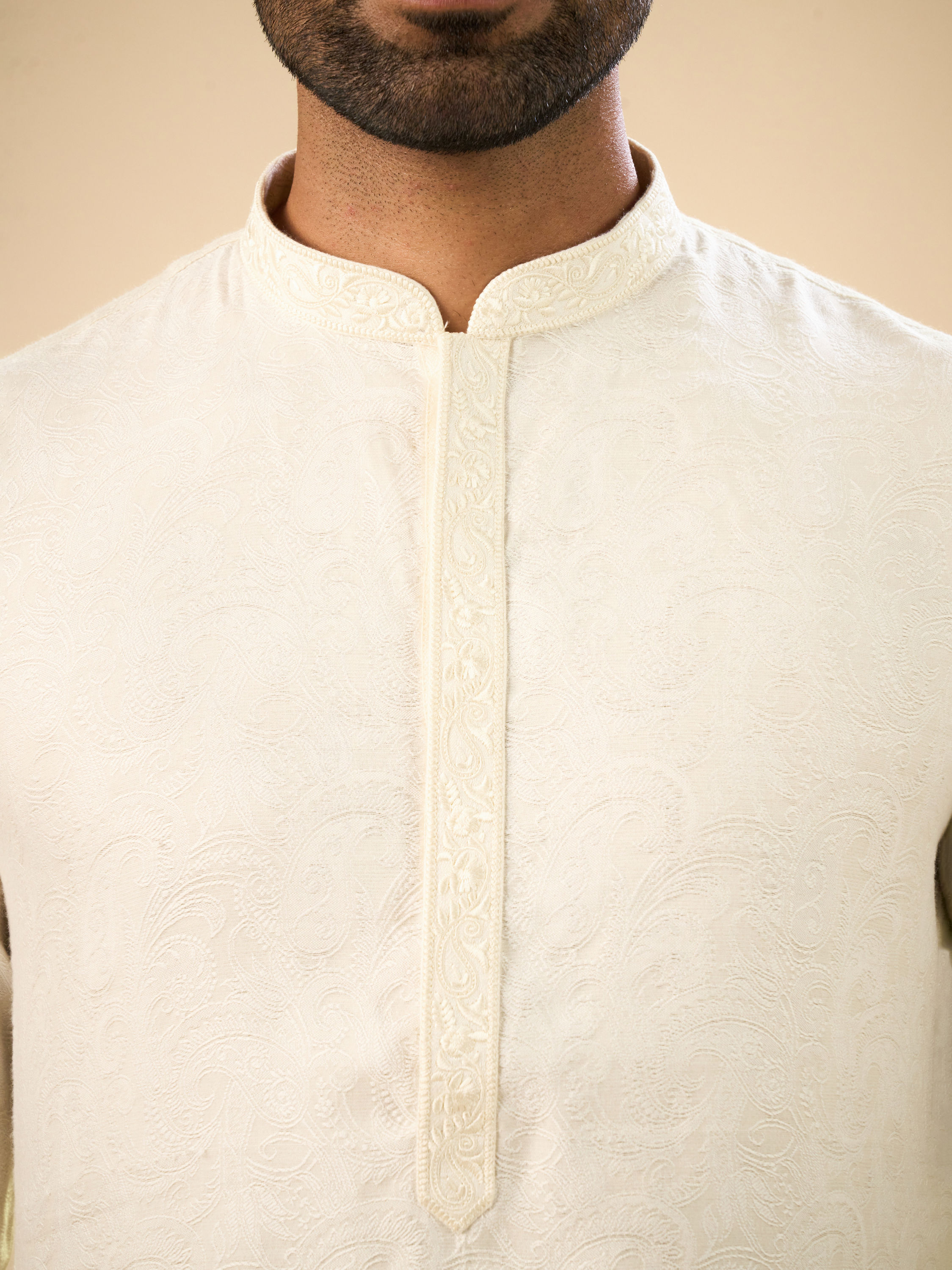 Manyavar Men Elegant Cream Jacquard Kurta Pajama