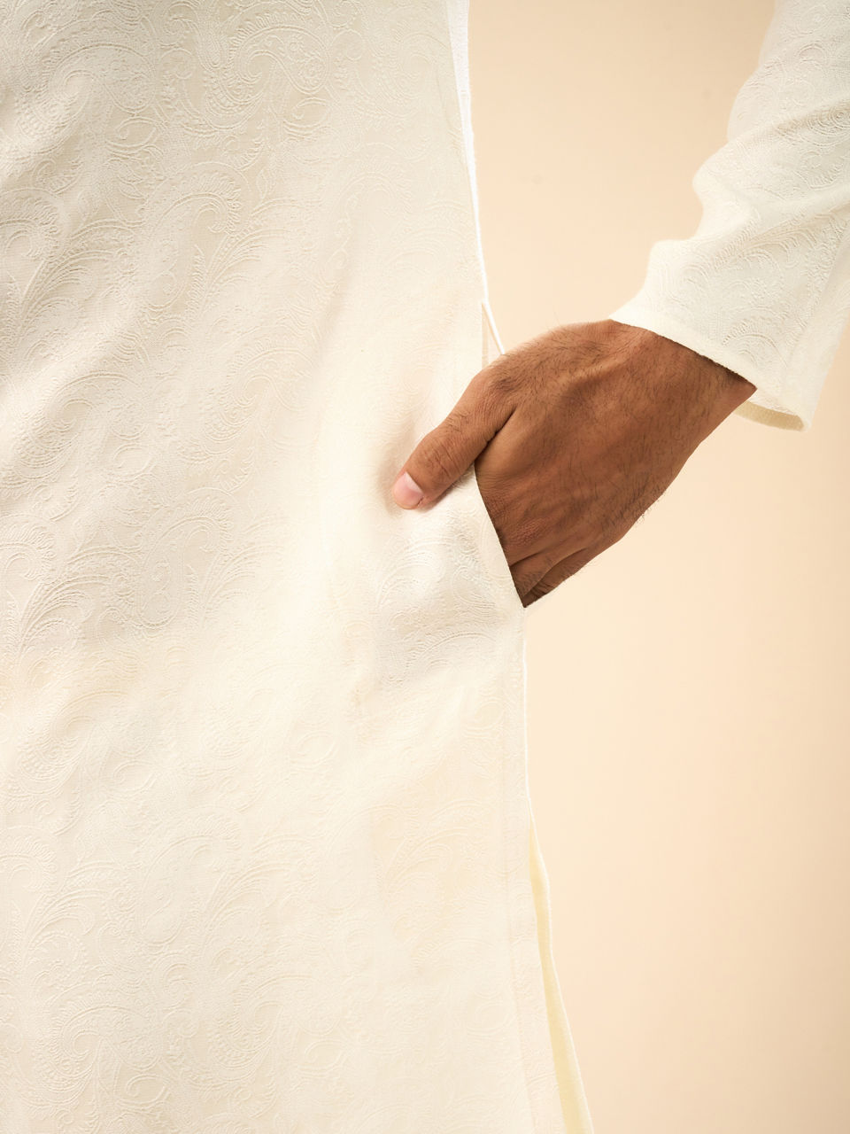 Manyavar Men Elegant Cream Jacquard Kurta Pajama