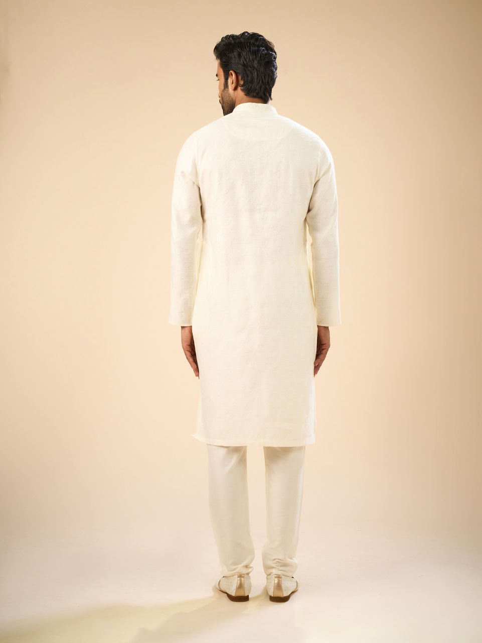 Manyavar Men Elegant Cream Jacquard Kurta Pajama