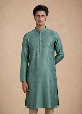 Manyavar Men Aqua Green Blended Viscose Kurta Pajama with Basic Design