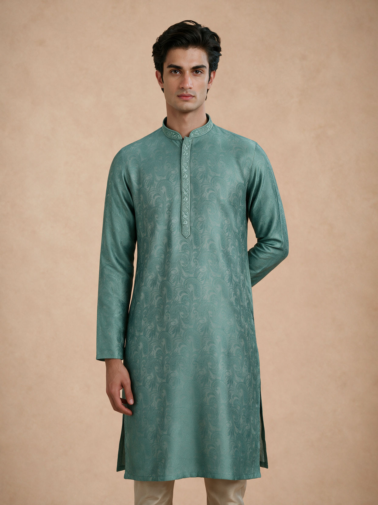 Manyavar Men Aqua Green Blended Viscose Kurta Pajama with Basic Design