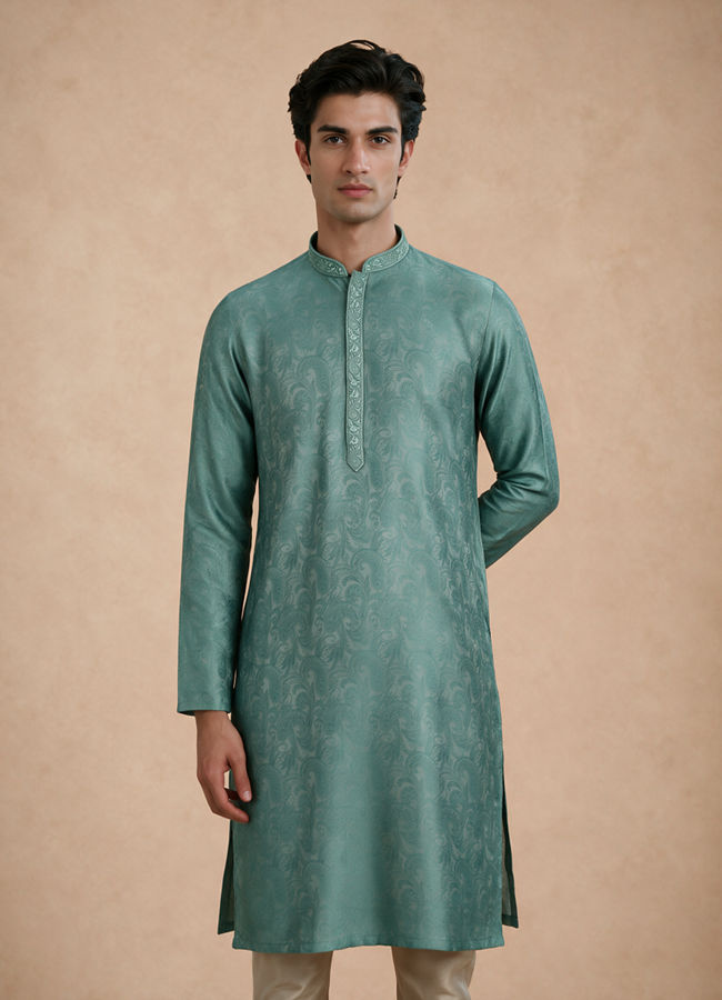 Manyavar Men Aqua Green Blended Viscose Kurta Pajama with Basic Design