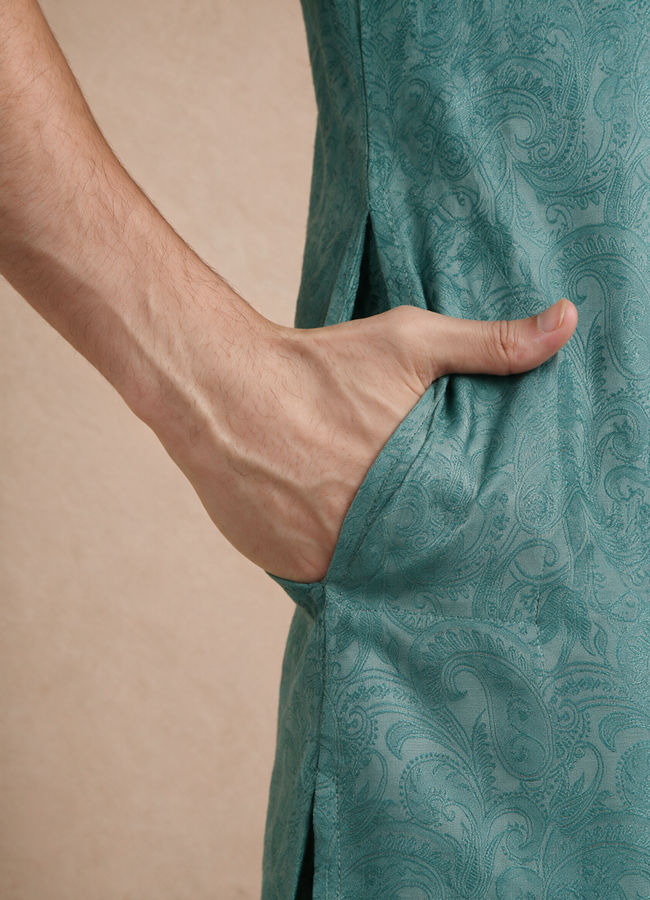 Manyavar Men Aqua Green Blended Viscose Kurta Pajama with Basic Design