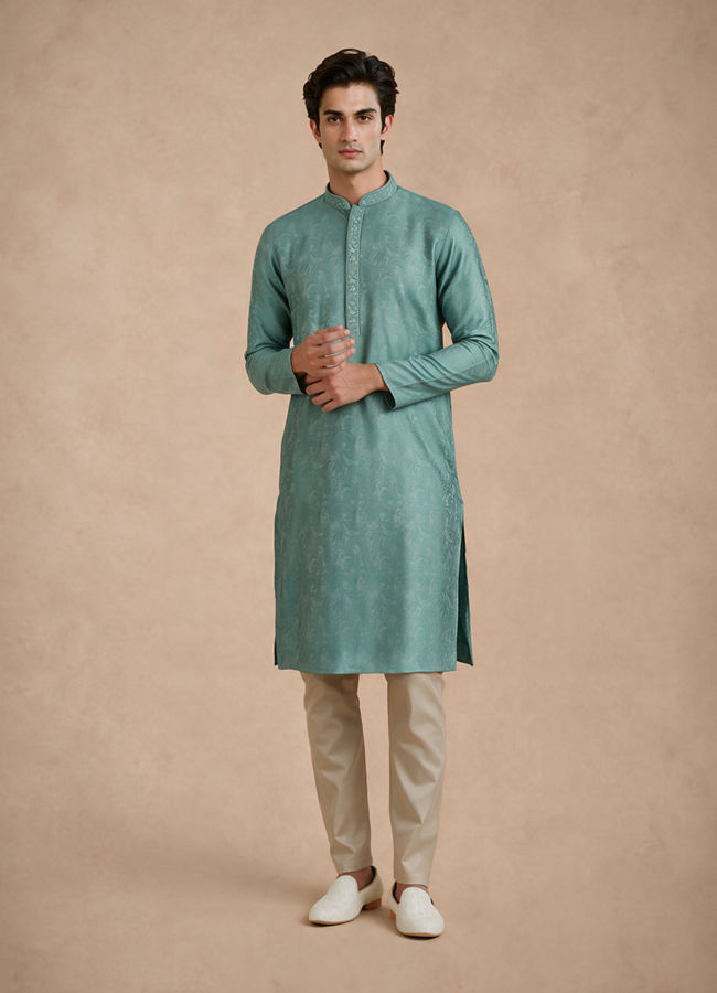 Manyavar Men Aqua Green Blended Viscose Kurta Pajama with Basic Design