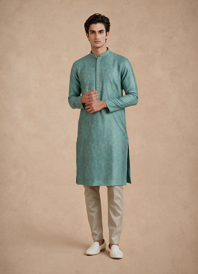Manyavar Men Aqua Green Blended Viscose Kurta Pajama with Basic Design