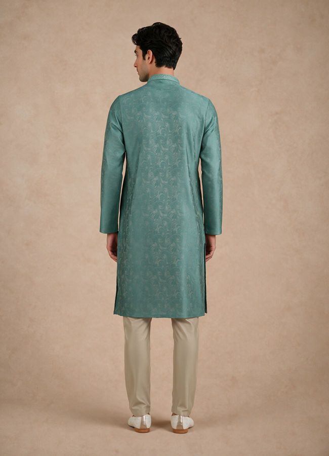 Manyavar Men Aqua Green Blended Viscose Kurta Pajama with Basic Design