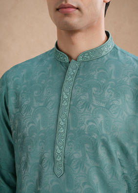 Manyavar Men Aqua Green Blended Viscose Kurta Pajama with Basic Design