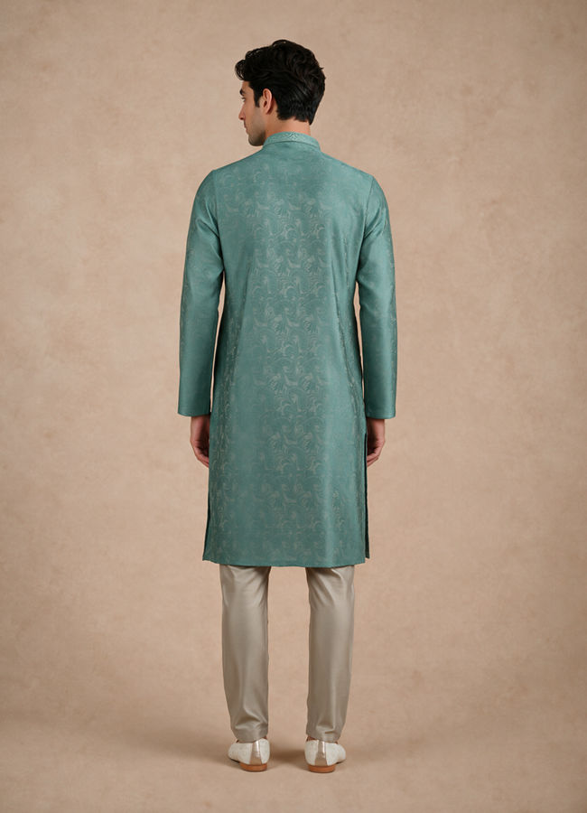 Manyavar Men Aqua Green Blended Viscose Kurta Pajama with Basic Design