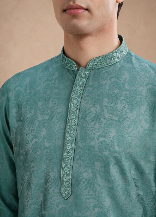 Manyavar Men Aqua Green Blended Viscose Kurta Pajama with Basic Design