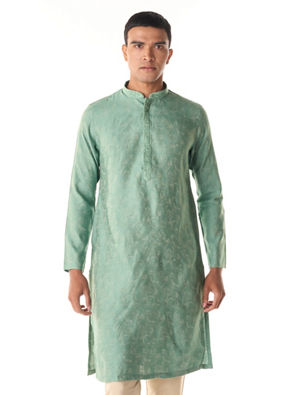 Manyavar Men Aqua Green Blended Viscose Kurta Pajama with Basic Design