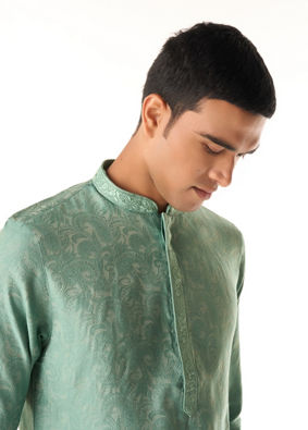 Manyavar Men Aqua Green Blended Viscose Kurta Pajama with Basic Design