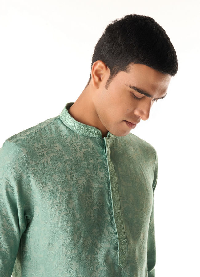 Manyavar Men Aqua Green Blended Viscose Kurta Pajama with Basic Design