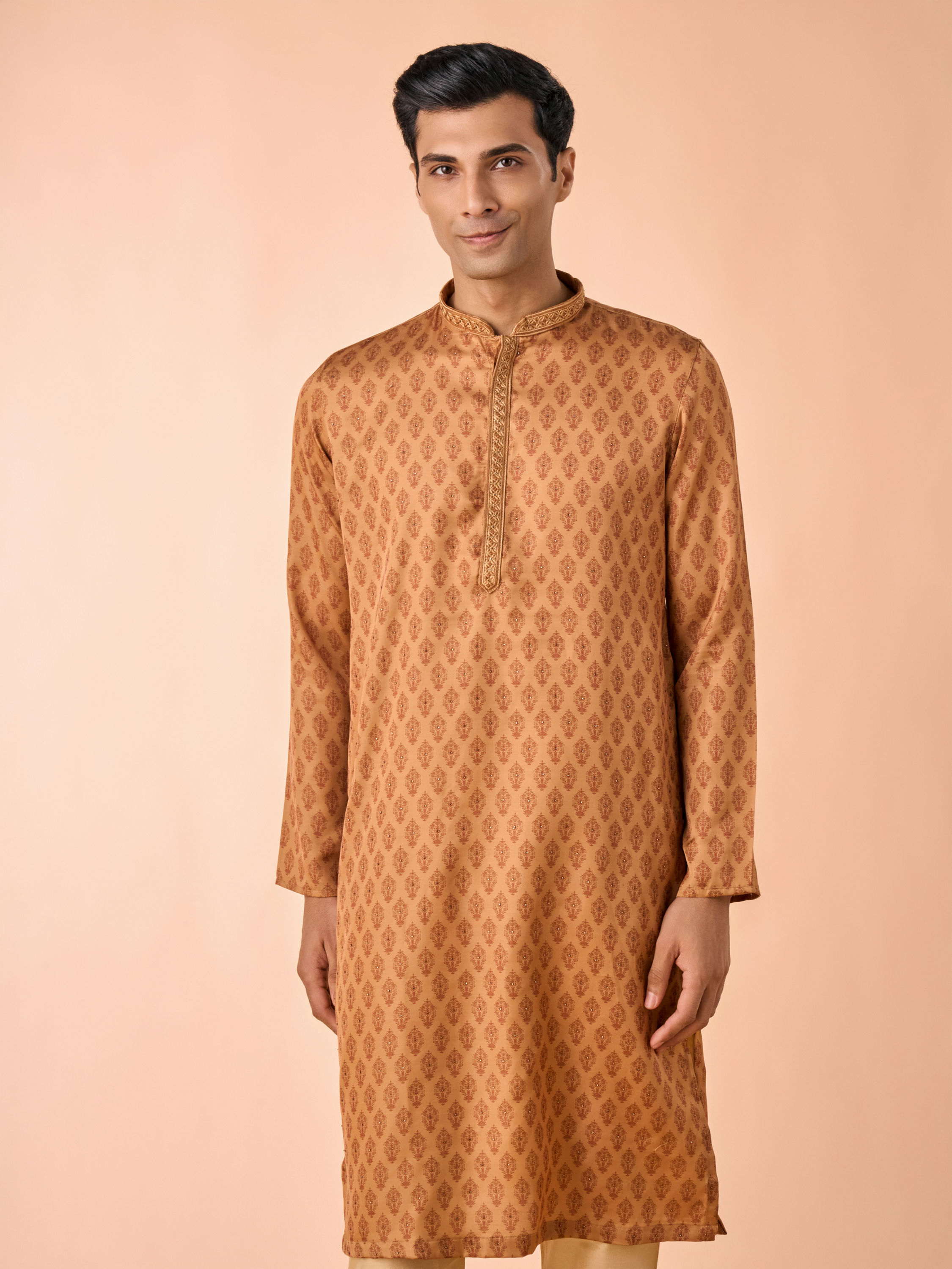 Manyavar Men Tan Satin Kurta Pajama