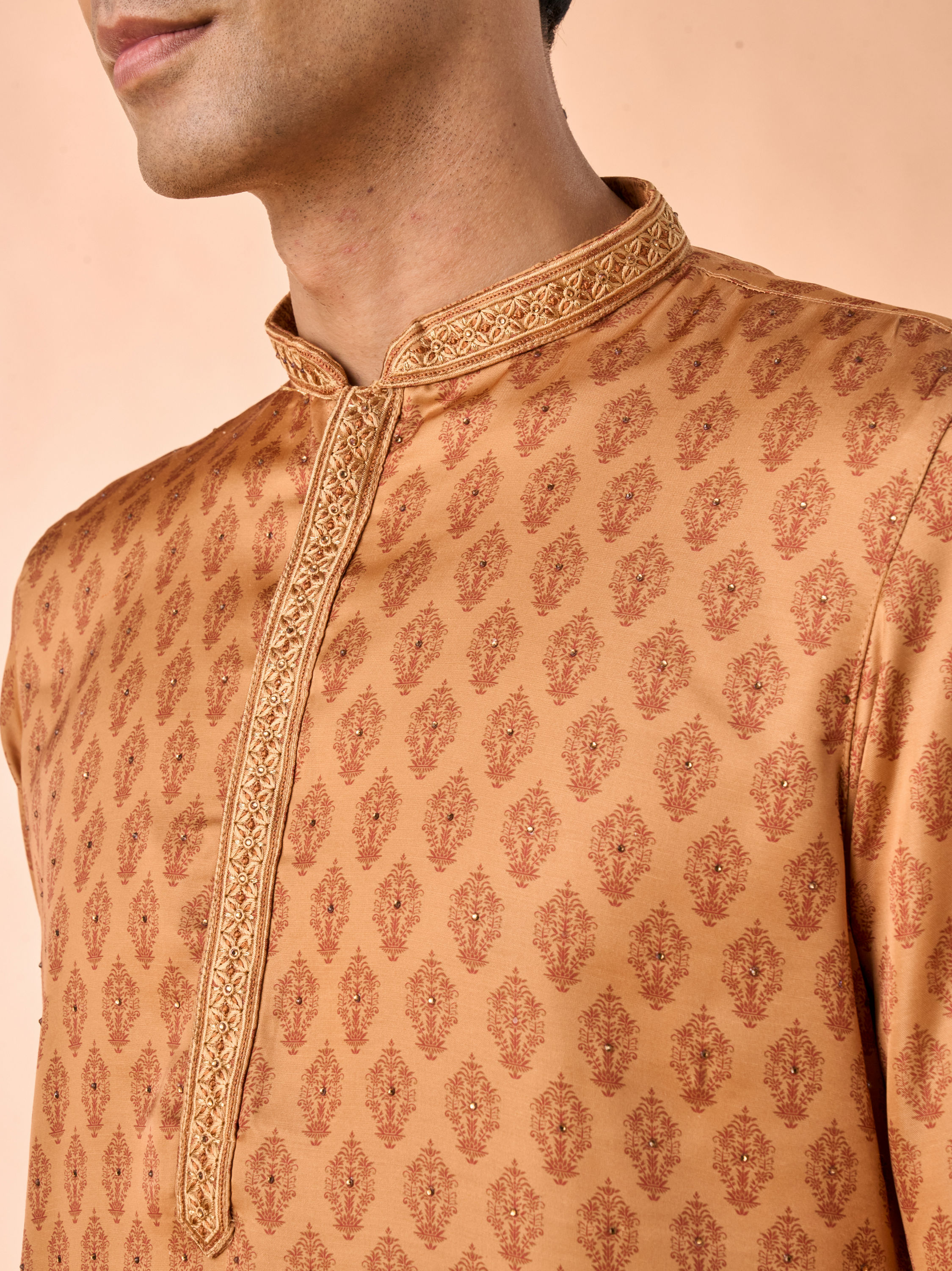 Manyavar Men Tan Satin Kurta Pajama