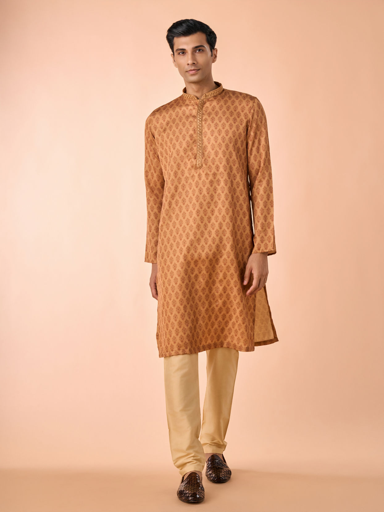 Manyavar Men Tan Satin Kurta Pajama