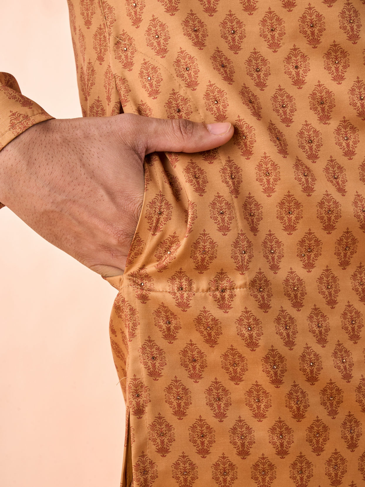 Manyavar Men Tan Satin Kurta Pajama