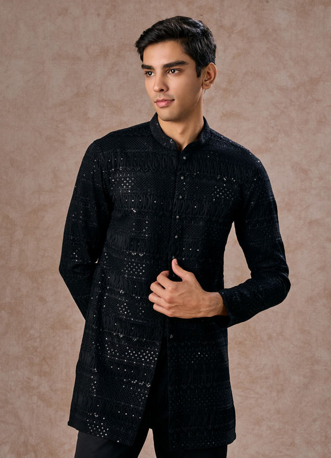 Manyavar Men Black Elegance Georgette Kurta Pajama