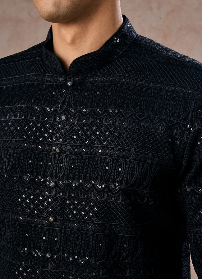 Manyavar Men Black Elegance Georgette Kurta Pajama