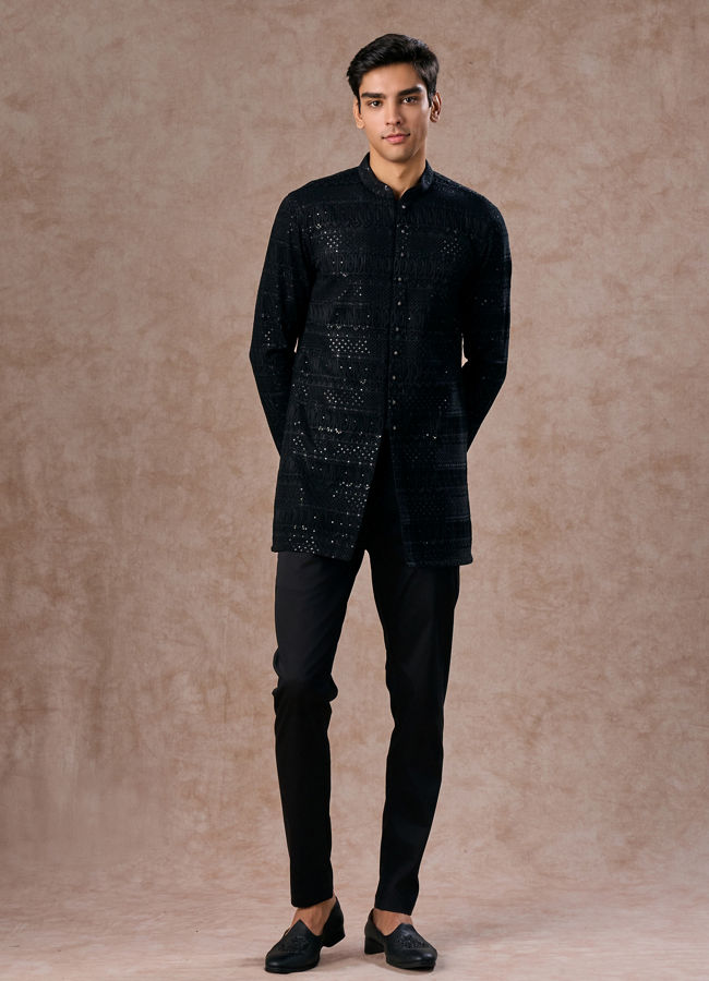 Manyavar Men Black Elegance Georgette Kurta Pajama