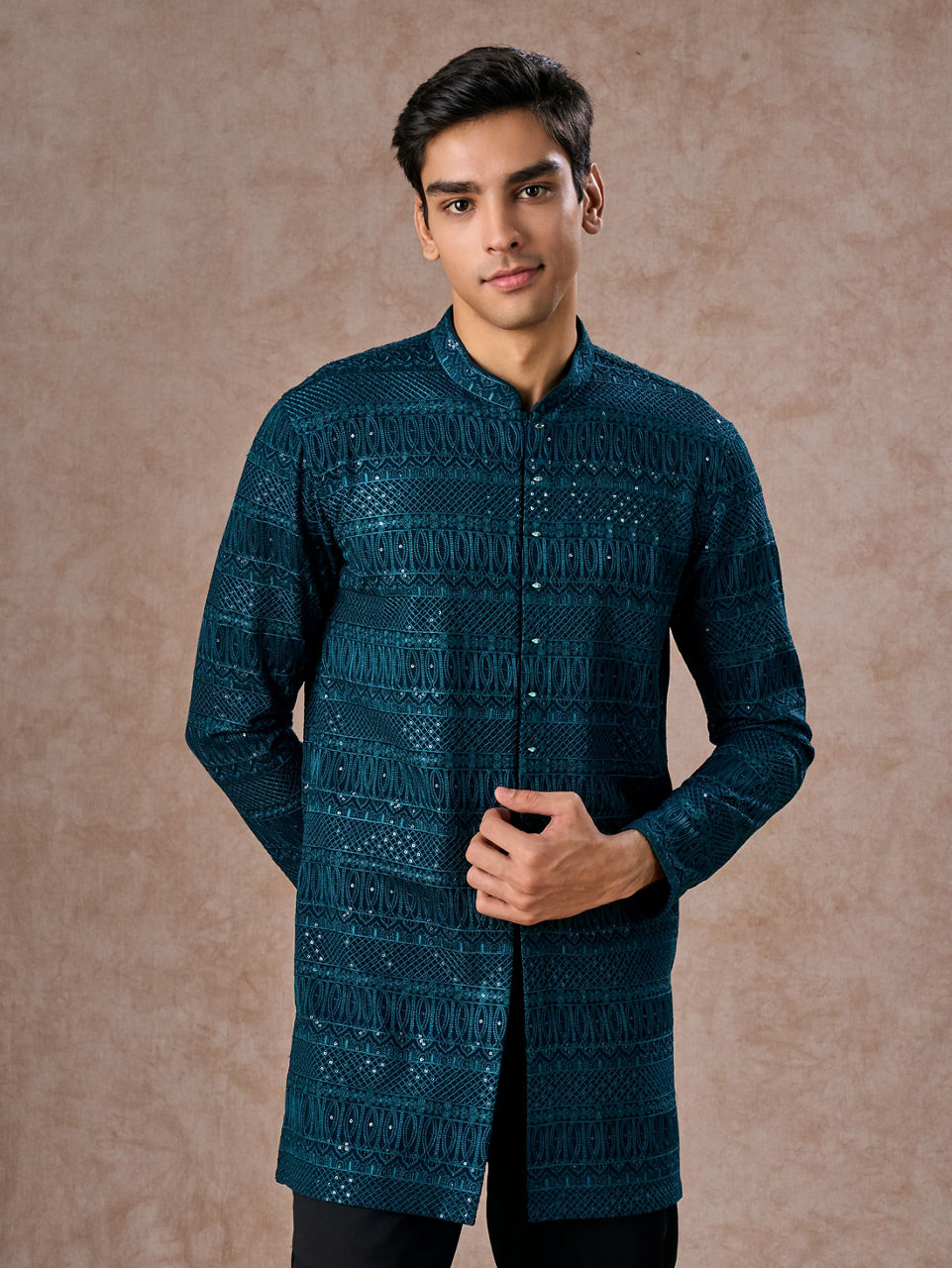 Manyavar Men Elegant Georgette Teal Blue Kurta Pant