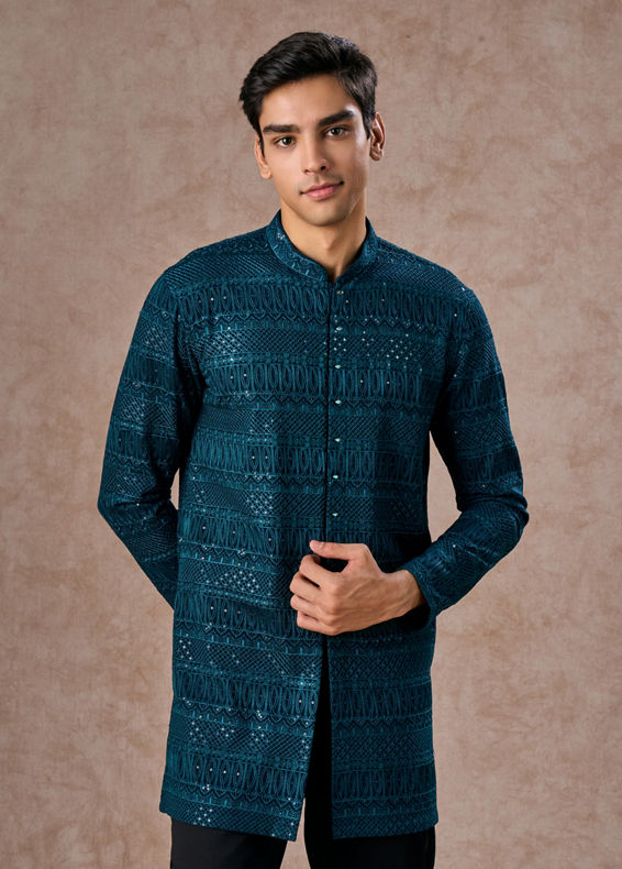 Manyavar Men Elegant Georgette Teal Blue Kurta Pant