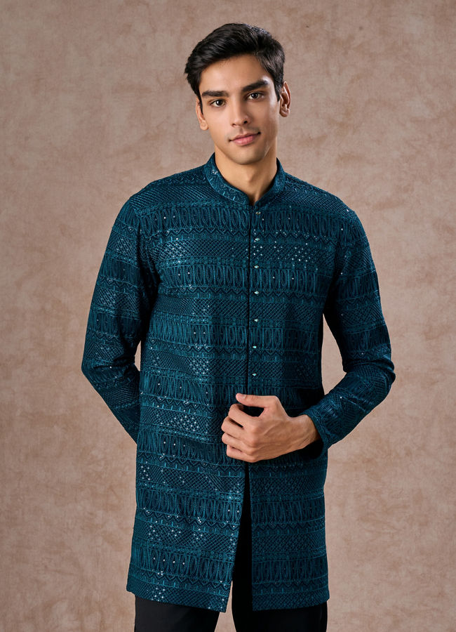 Manyavar Men Elegant Georgette Teal Blue Kurta Pant