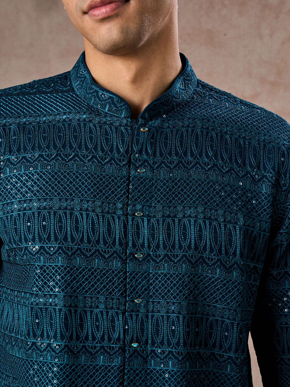 Manyavar Men Elegant Georgette Teal Blue Kurta Pant