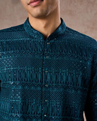 Manyavar Men Elegant Georgette Teal Blue Kurta Pant