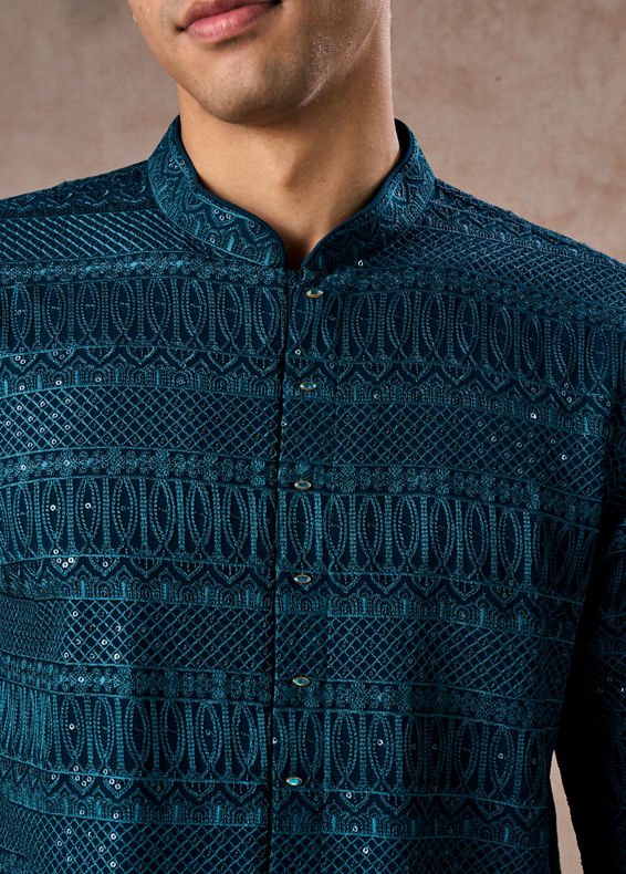 Manyavar Men Elegant Georgette Teal Blue Kurta Pant