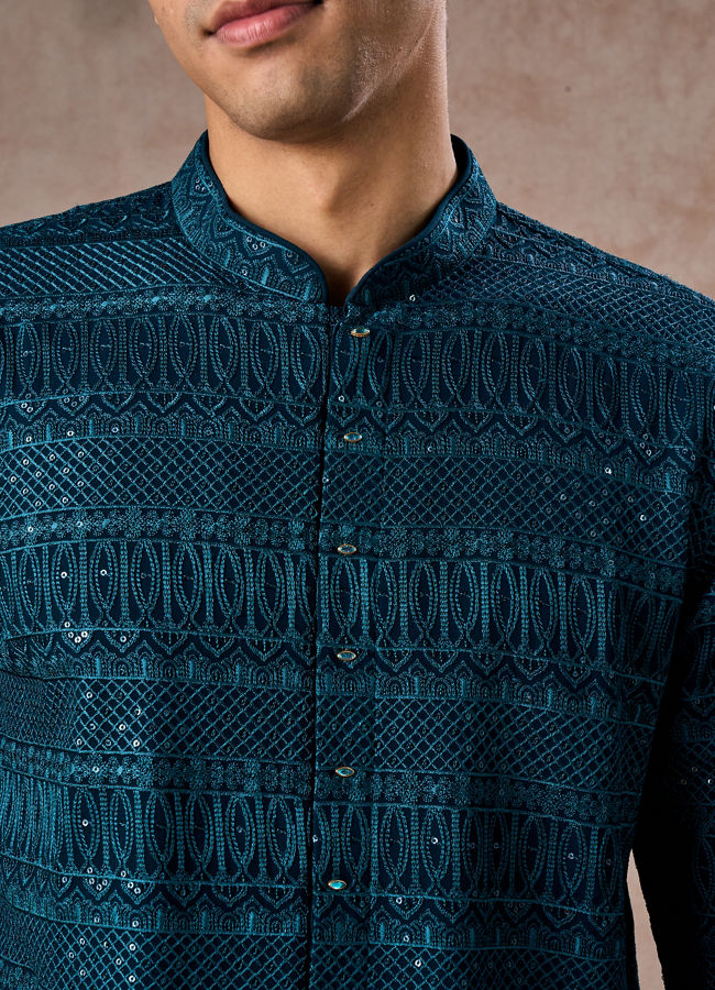 Manyavar Men Elegant Georgette Teal Blue Kurta Pant