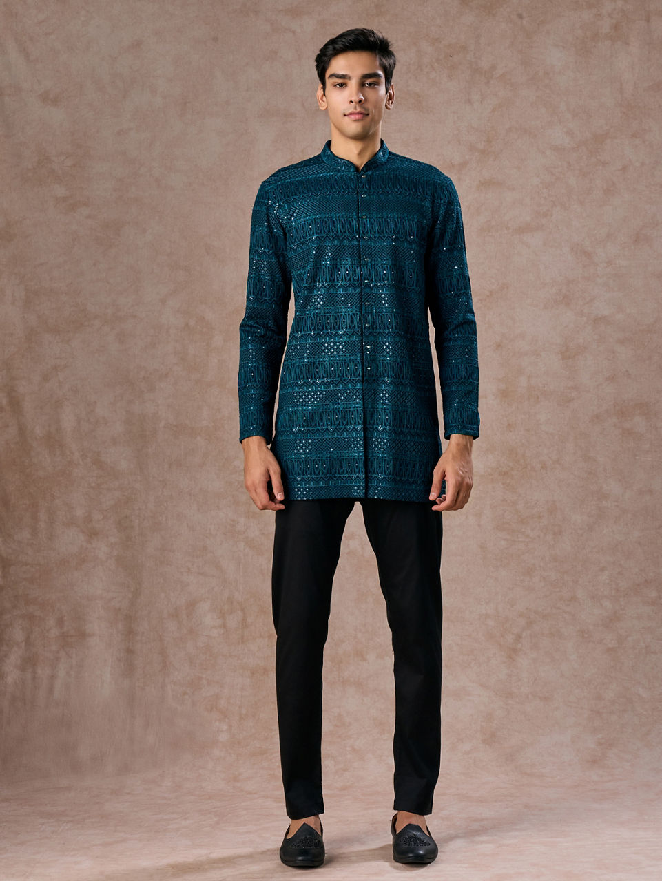 Manyavar Men Elegant Georgette Teal Blue Kurta Pant