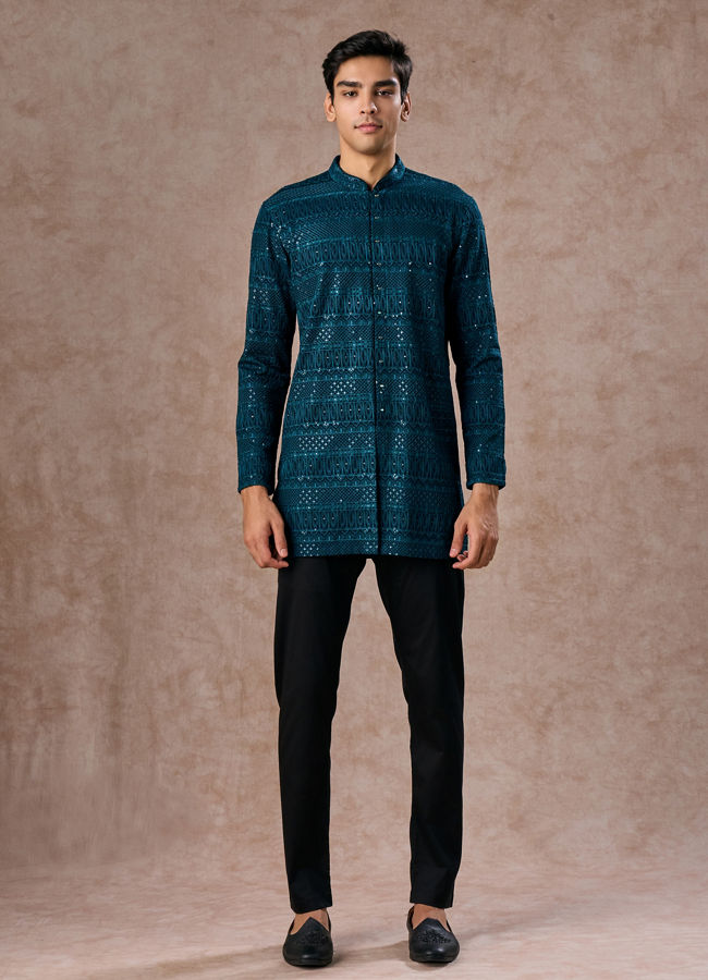 Manyavar Men Elegant Georgette Teal Blue Kurta Pant
