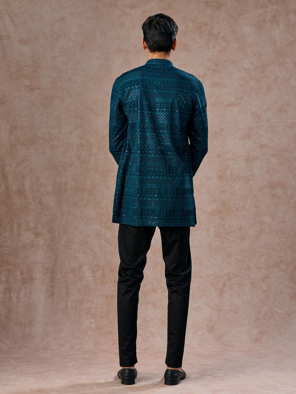 Manyavar Men Elegant Georgette Teal Blue Kurta Pant