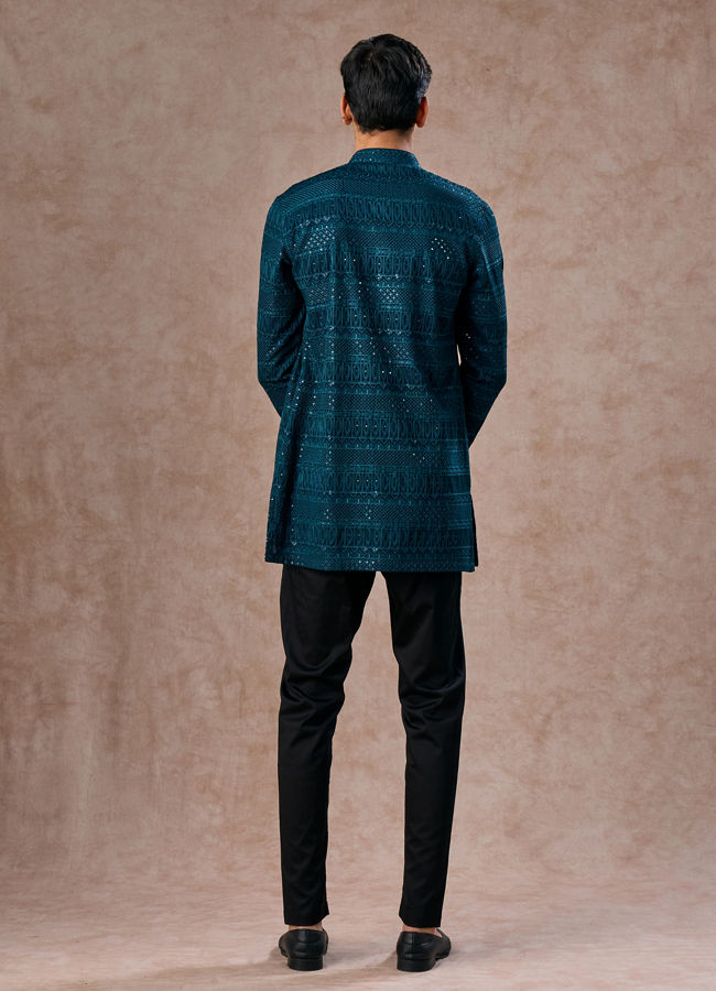 Manyavar Men Elegant Georgette Teal Blue Kurta Pant