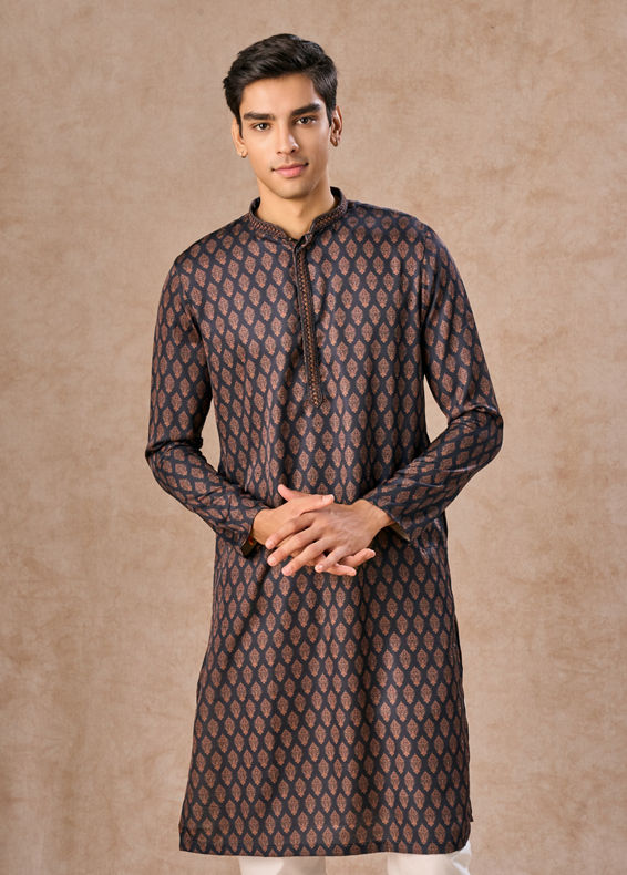 Manyavar Men Dark Blue Satin Finish Kurta Pajama
