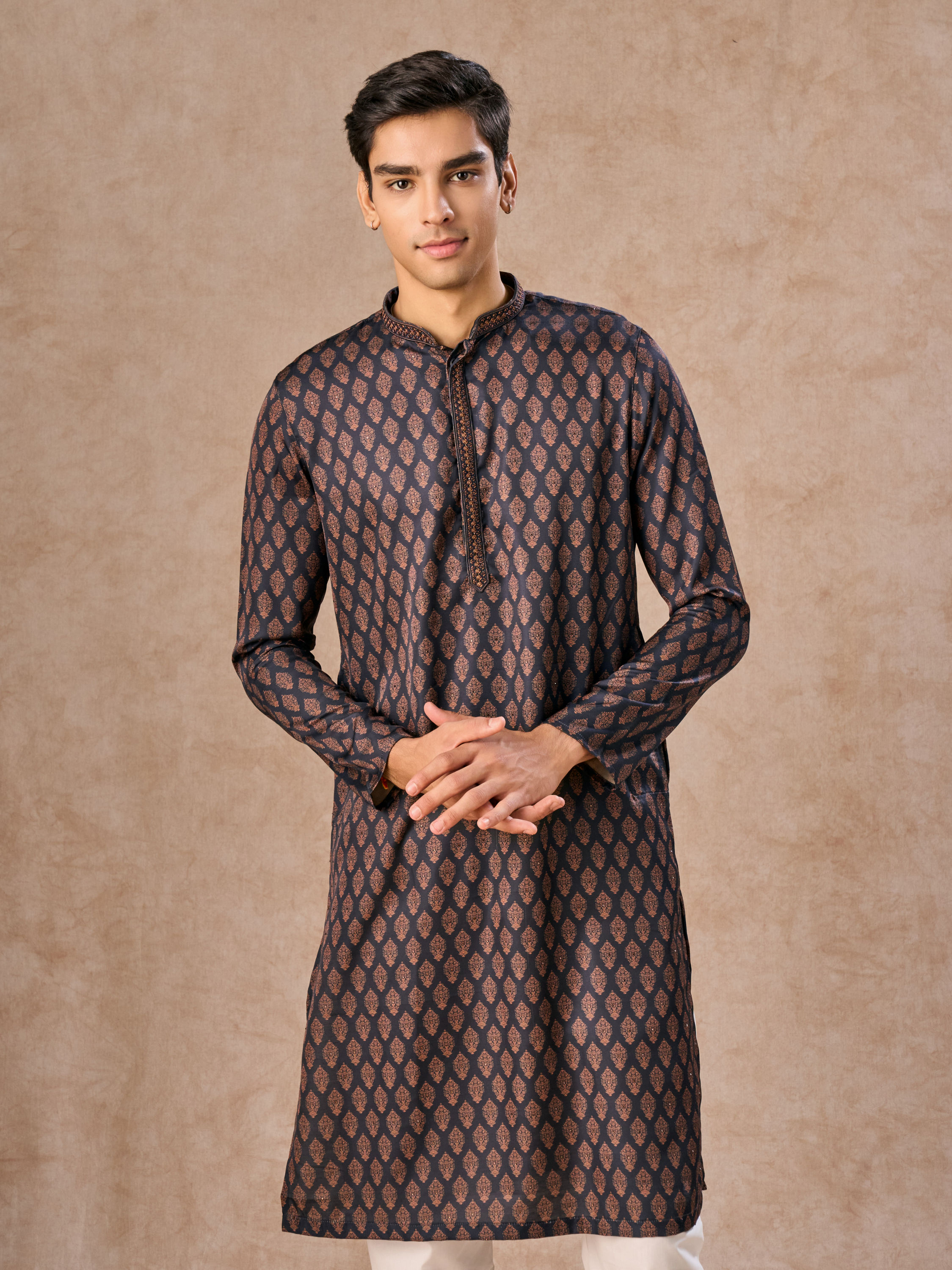 Manyavar Men Dark Blue Satin Finish Kurta Pajama