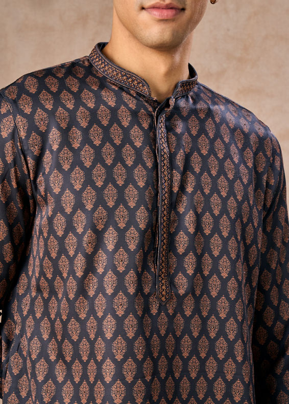 Manyavar Men Dark Blue Satin Finish Kurta Pajama