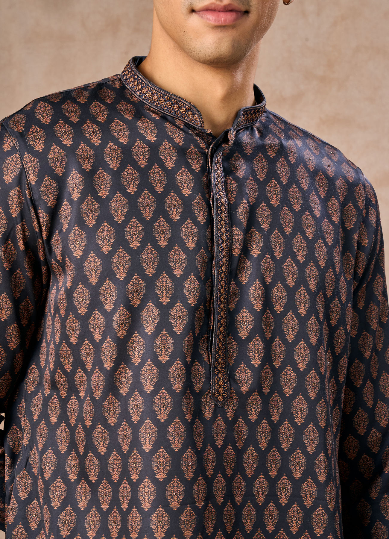 Manyavar Men Dark Blue Satin Finish Kurta Pajama