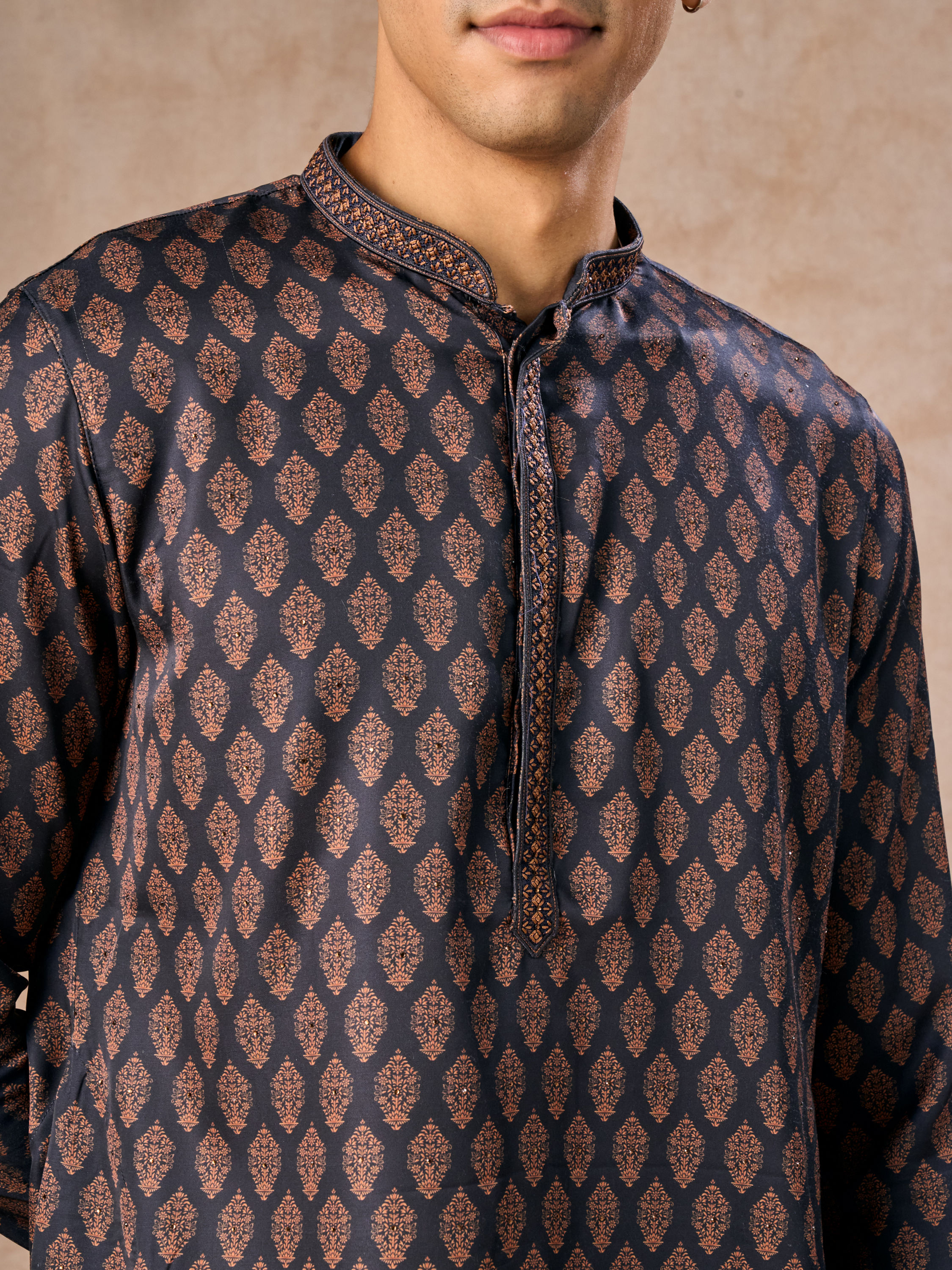 Manyavar Men Dark Blue Satin Finish Kurta Pajama
